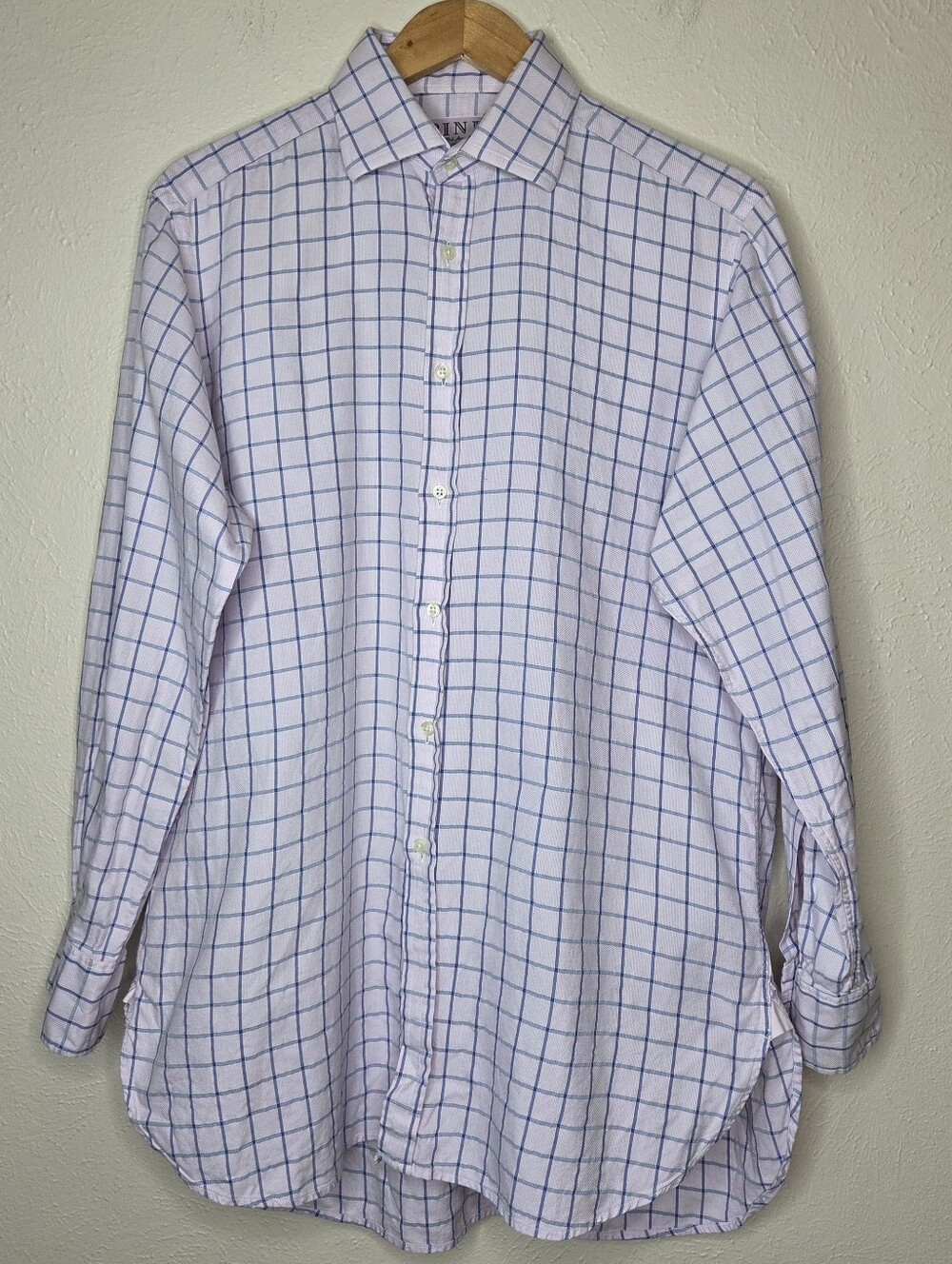Thomas Pink Finest Twill Men's 15.5 33 Pink Blue Windowpane Dress Shirt Medium